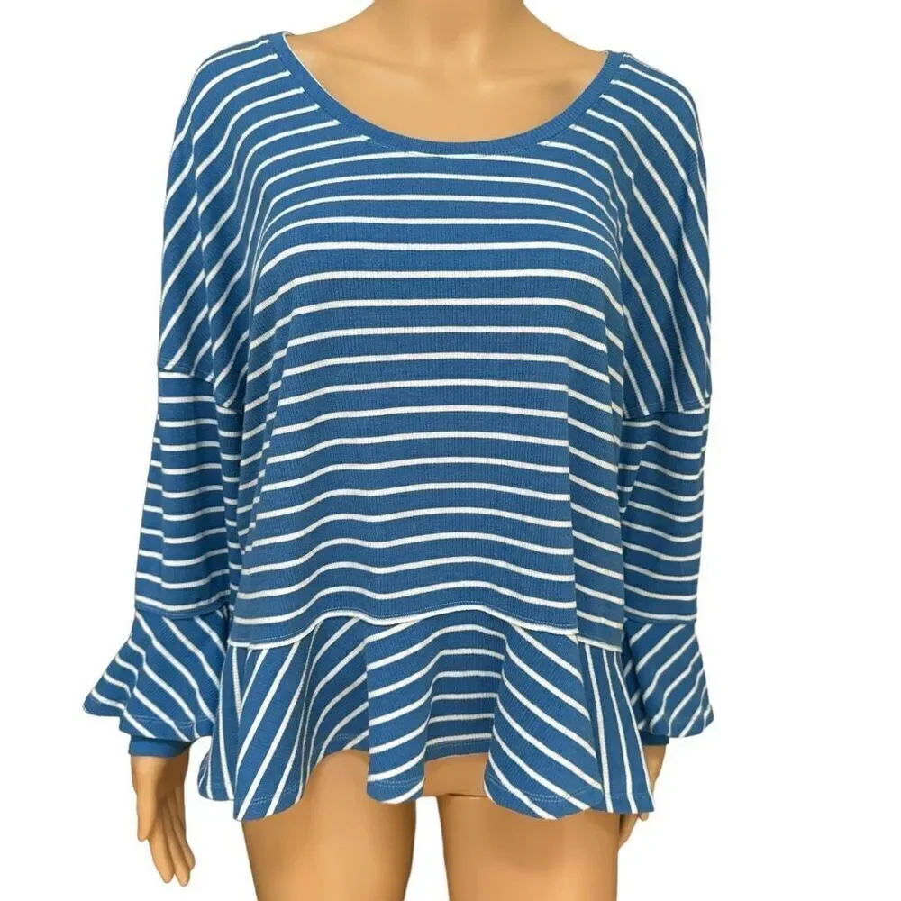 Free People Round About Tee Top Peplum Hem Striped Blue White Combo Sz M